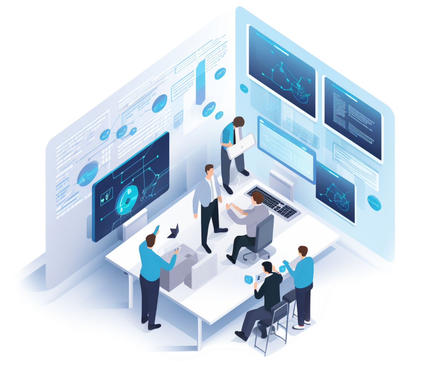 Das Bild ist überwiegend in Blau- und Türkistönen gehalten. Auf dem Bild ist eine comichafte Darstellung von einem Raumausschnitt mit zwei Wänden zu sehen, an denen Monitore hängen. Im Raum stehen Schreibtische verteilt an denen Menschen arbeiten. Es entsteht der Eindruck, dass es sich um eine Kommandozentrale handeln könnte.