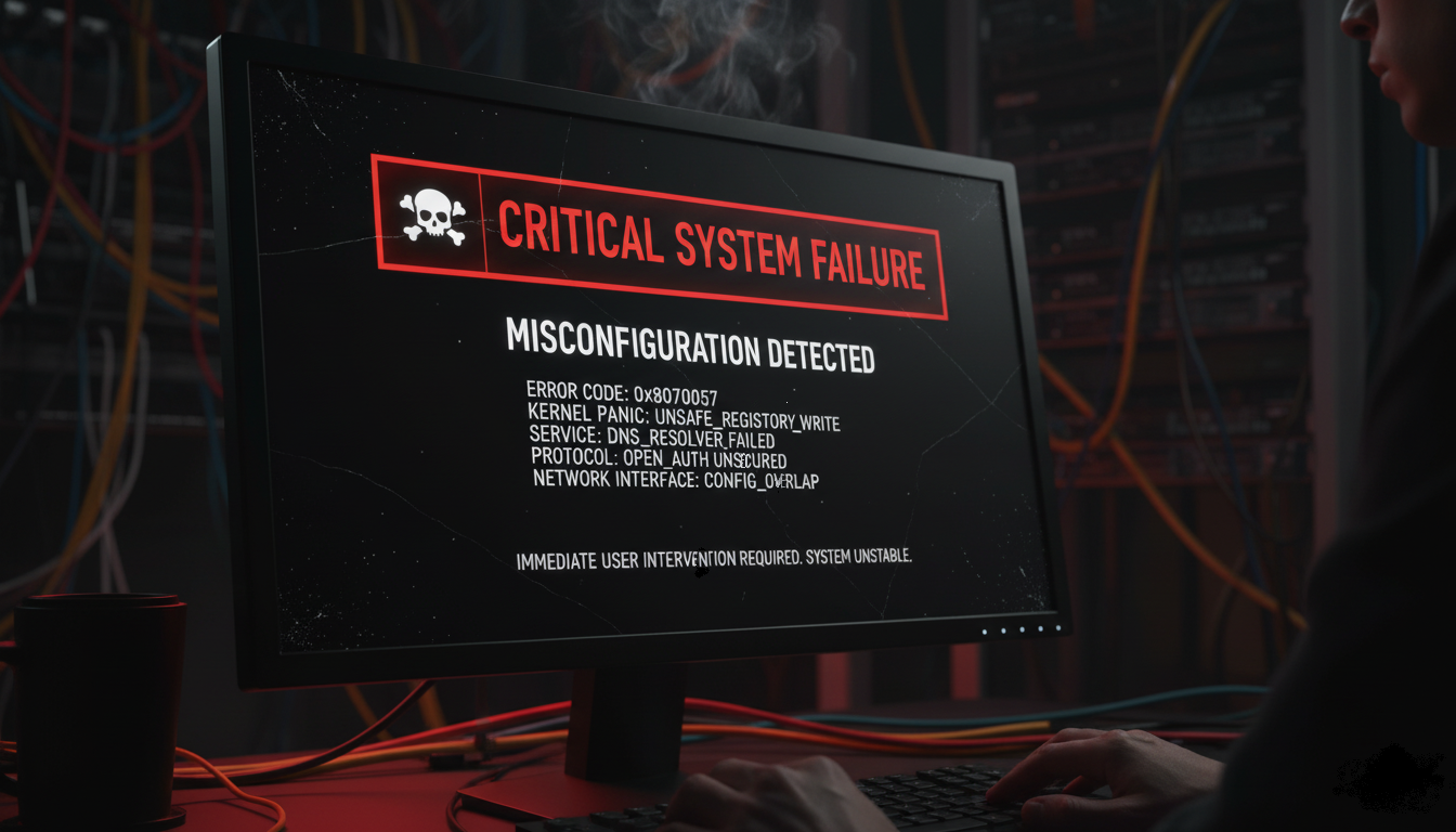 Auf dem Bild ist ein Computermonitor zu sehen, auf dem eine Fehlermeldung zu sehen ist: Critical Sytem Failure - Misconfiguration. Das Bild ist dunkel und überwiegend schwarz und rot.