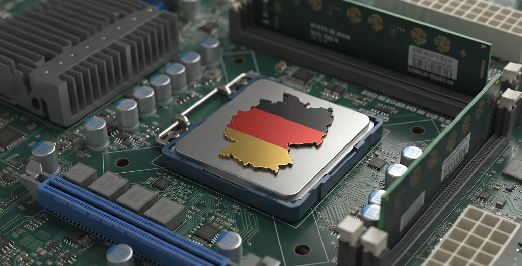 Auf dem Bild ist das Motherboard eines Computers abgebildet. Auf dem Prozessor ist die Form Deutschlands in den Farben Schwarz, Rot, Gold abgebildet. Das Bild soll symbolisch auf den Deutschland-Stack und den Trend zur digitalen Souveränität anspielen, den ContinueComm durch ihr Notfallsystem unterstreicht.